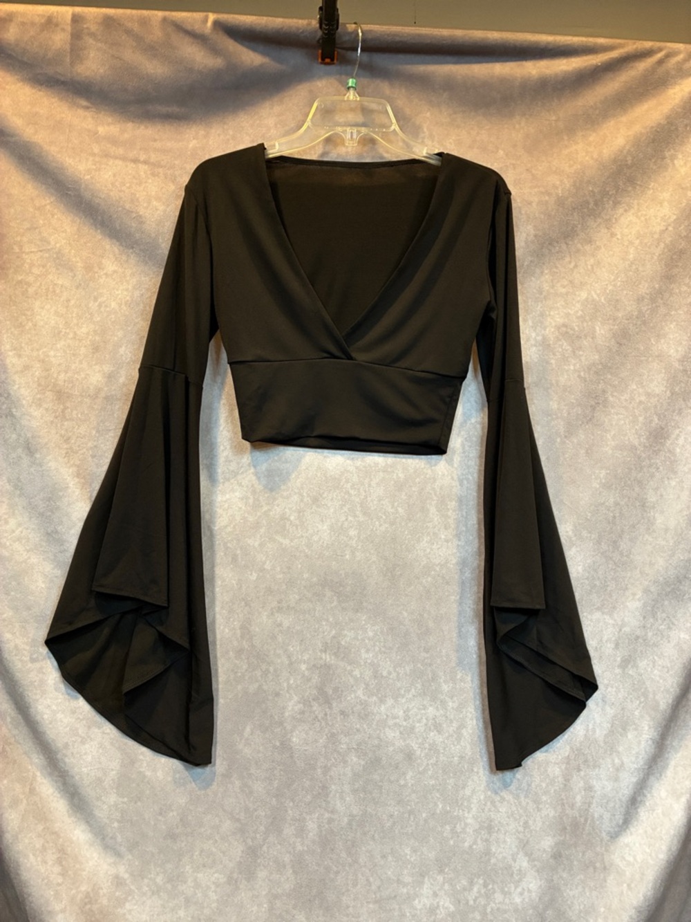 Black Bell-Sleeve V-Neck Crop Top - Women